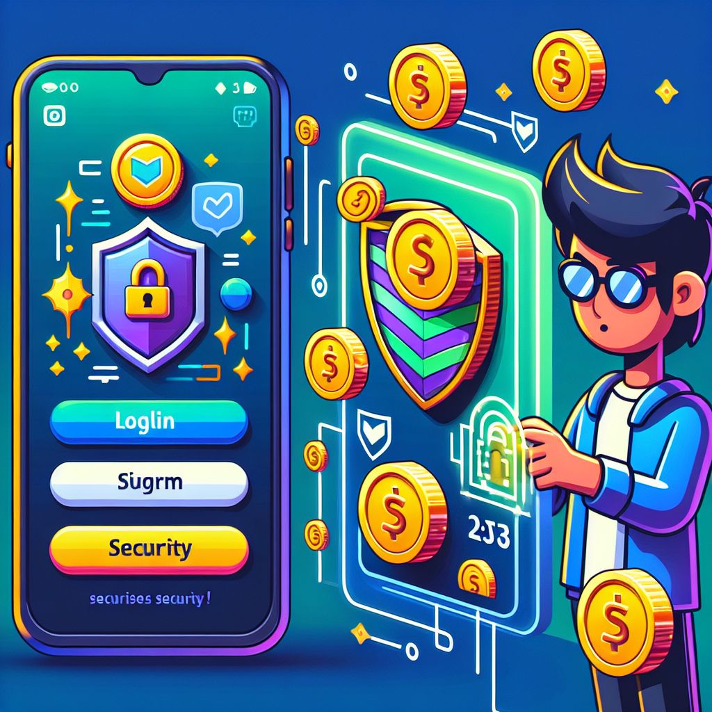 CV9999 themed cartoon character using a phone to log in with coins and app icons