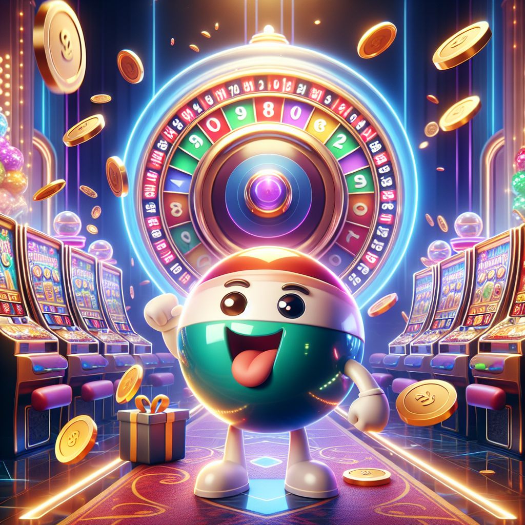 CV9999 slot-themed cartoon characters with reels, coins, and bright casino visuals