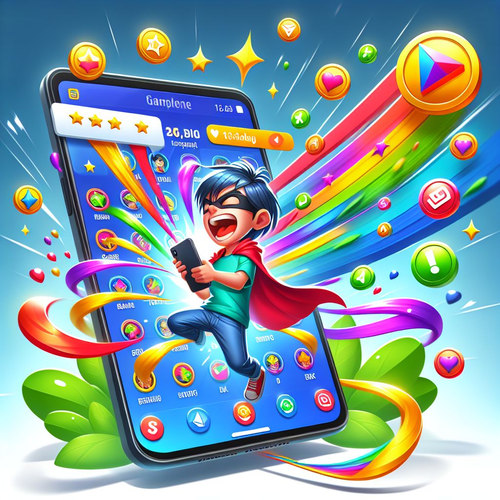 CV9999 cartoon-style mobile gaming character holding a smartphone with rewards